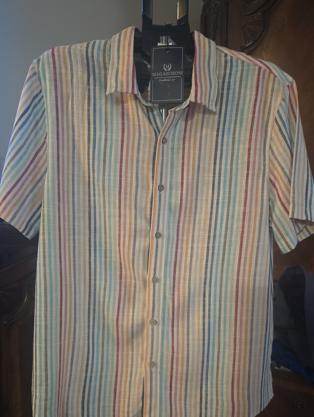 Magaschoni Men's Short Sleeve Linen Blend Shirt Cream with Multi-Color Stripes